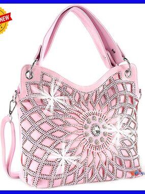 Large Hobo Shoulder Bag with Rhinestone Star Design, Removable Straps